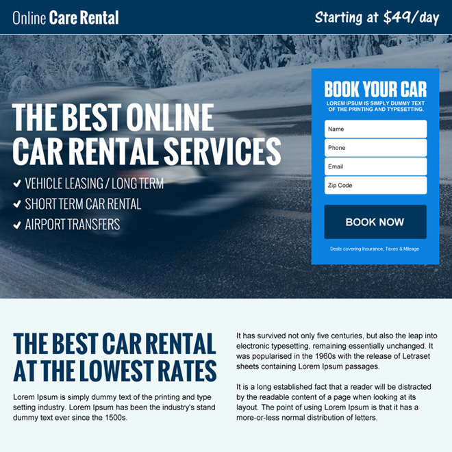 responsive car rental landing page design Car Hire and Car Rental example