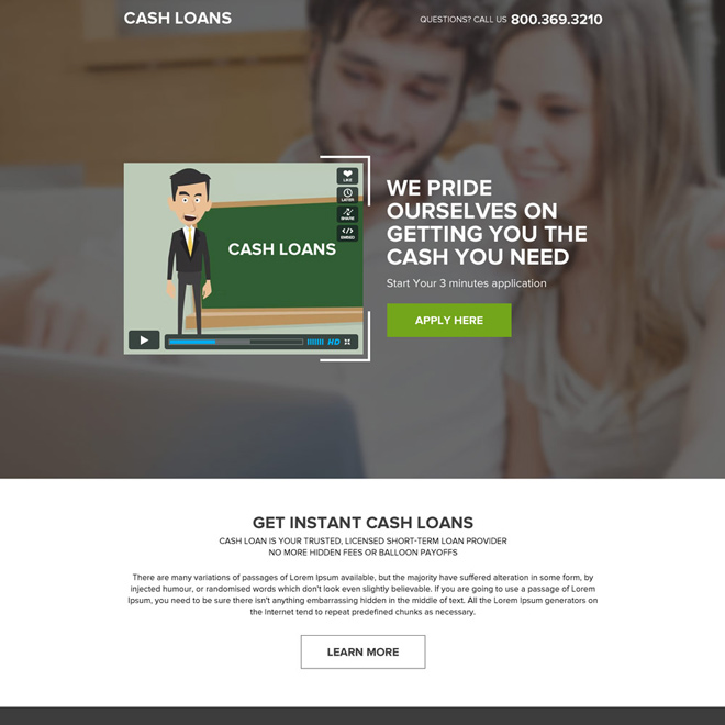 best cash loan video responsive landing page design Loan example