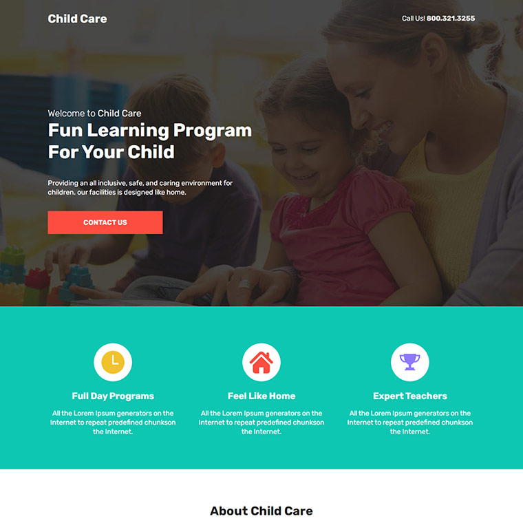 child care fun learning program responsive landing page Child Care example