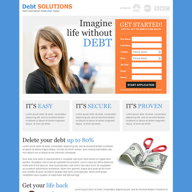 best converting debt lead capture responsive landing page design template Debt example