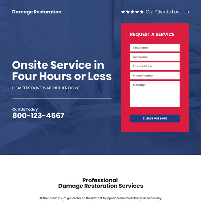 damage restoration company bootstrap landing page Damage Restoration example