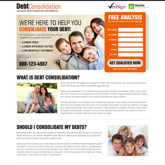 consolidate your debt clean and converting landing page design