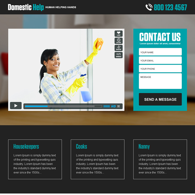 domestic help service responsive video landing page design