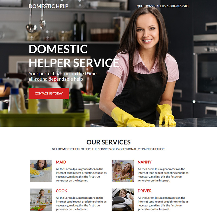 domestic helper service lead capture landing page Domestic Help example