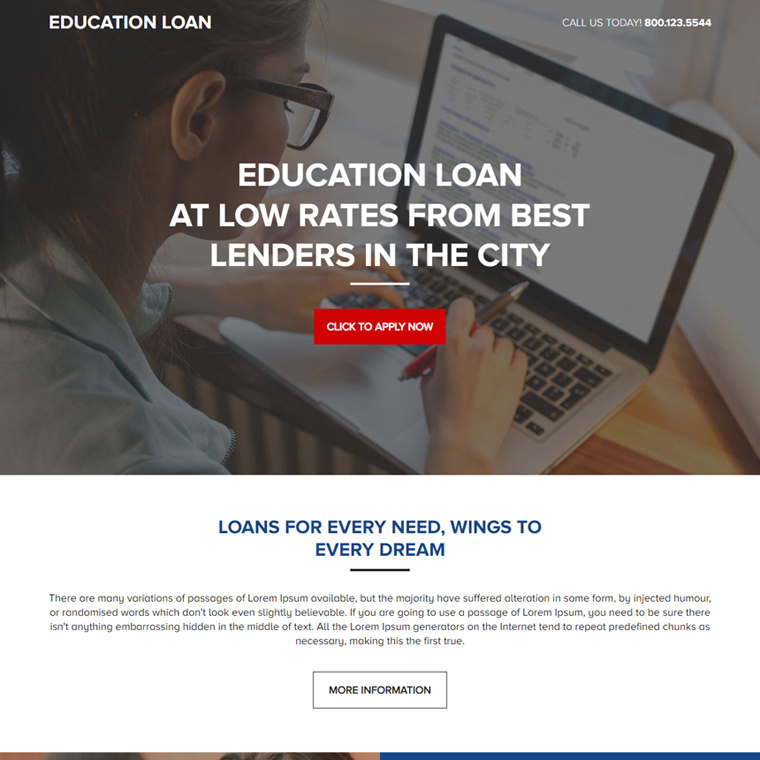 minimal education loan lead capture landing page design Loan example