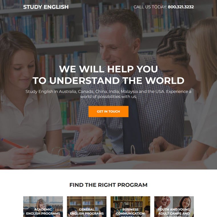 english learning responsive landing page design Education example