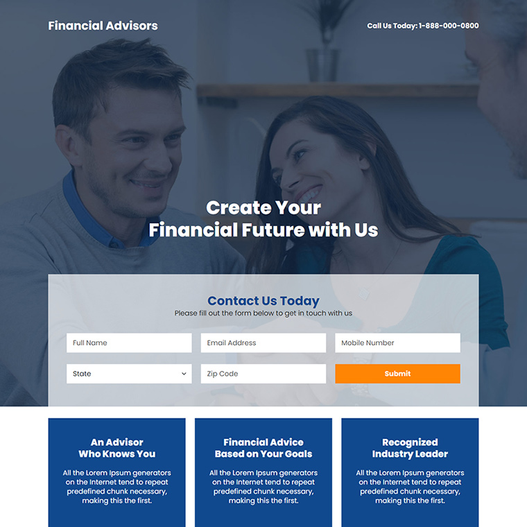 financial advisor responsive lead capture landing page Business example