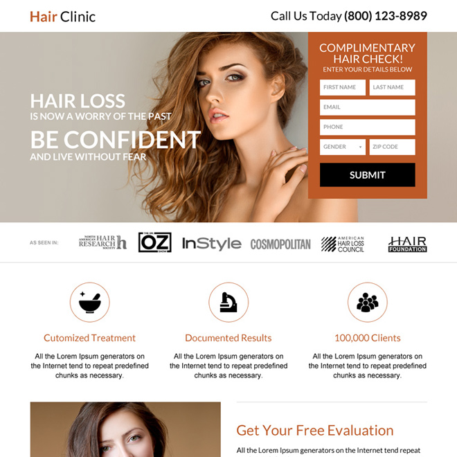 responsive hair clinic free complimentary hair checkup landing page Hair Loss example