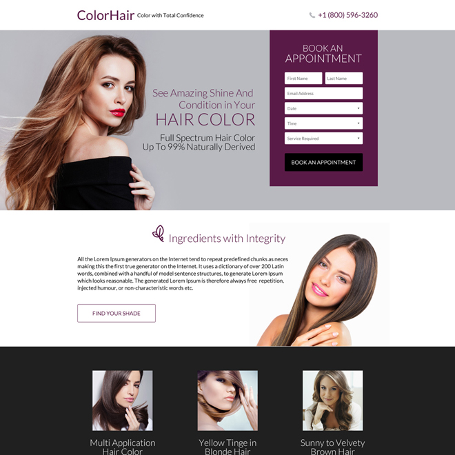 responsive hair coloring service landing page design Hair Care example