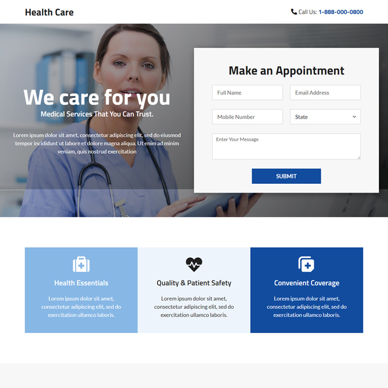 clean health care lead capture responsive landing page Medical example