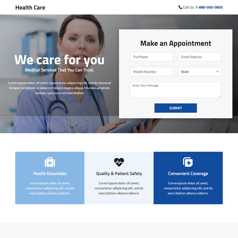 clean health care lead capture responsive landing page