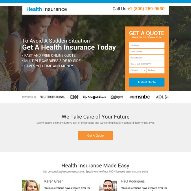 responsive health insurance company best landing page design