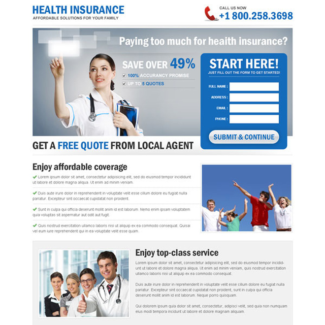 clean health insurance free quote lead capture landing page Health Insurance example