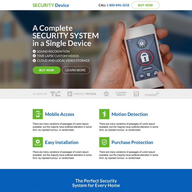 responsive security device selling landing page design