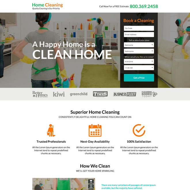 superior home cleaning service responsive landing page design