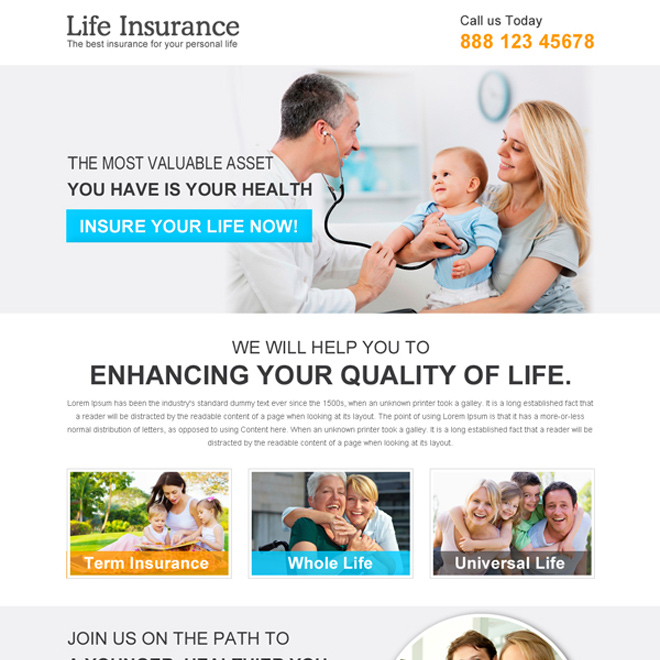 clean life insurance responsive landing page design template Life Insurance example