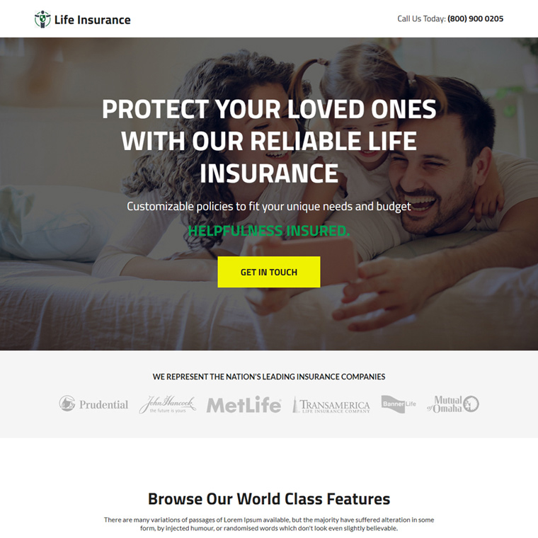 professional life insurance company responsive landing page Life Insurance example