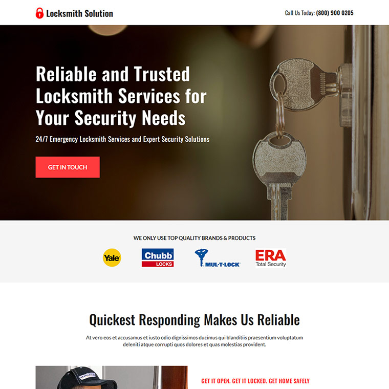 trusted locksmith solutions responsive landing page Locksmith example