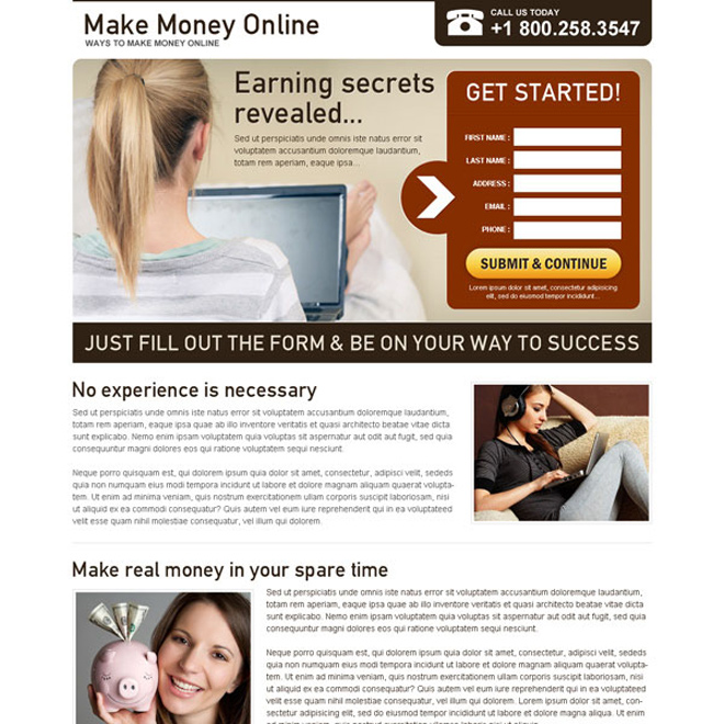 earning secrets revealed through make money online lead capture lander design