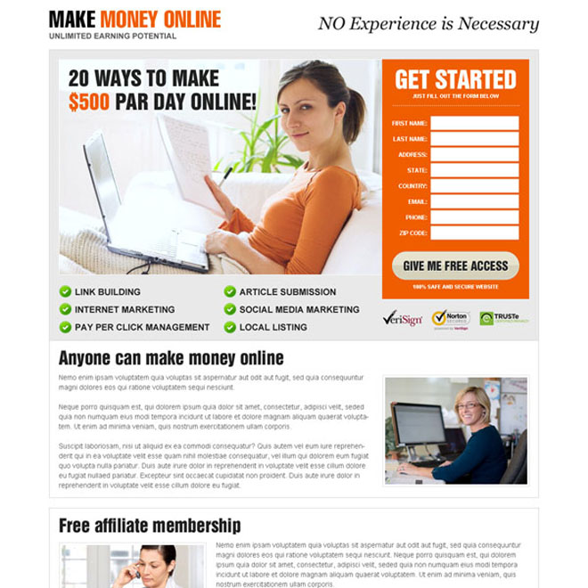 best make money online lead capture responsive landing page design Make Money Online example