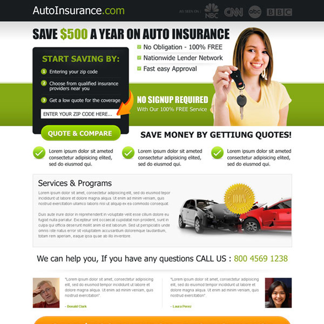 save money on your auto insurance effective lead capture landing page design