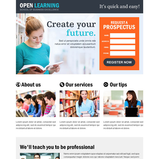 education responsive lead gen landing page design Education example