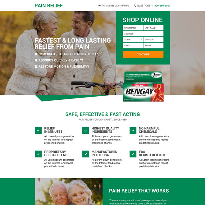 responsive best pain relief product selling landing page design Pain Relief example