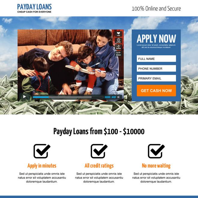 best payday loan responsive video lead capture landing page design template Payday Loan example