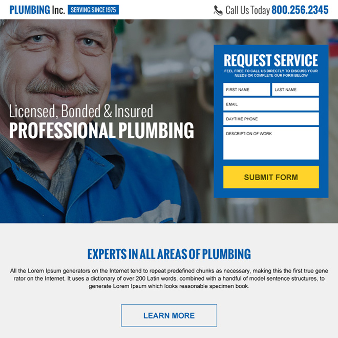 plumbing service responsive landing page design Plumbing example