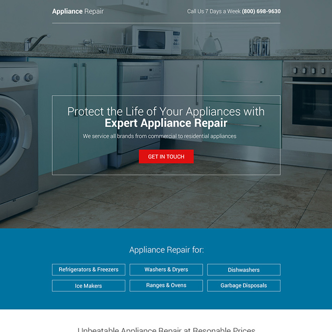 commercial and residential appliance repair bootstrap landing page