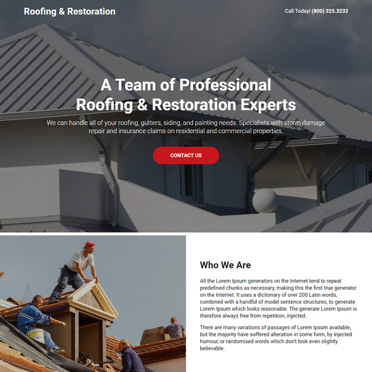 professional roofing and restoration service lead capture landing page