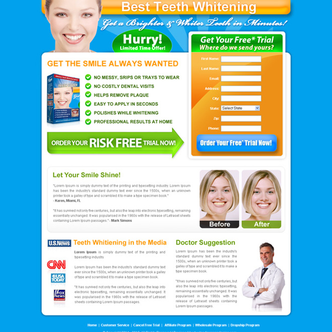 best teeth whitening product lead capture html landing page design template Teeth Whitening example