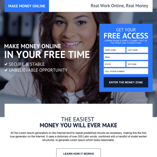 best make money online sign up lead capture effective landing page design Make Money Online example