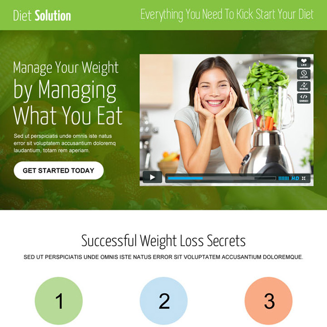 weight loss diet responsive video landing page design template