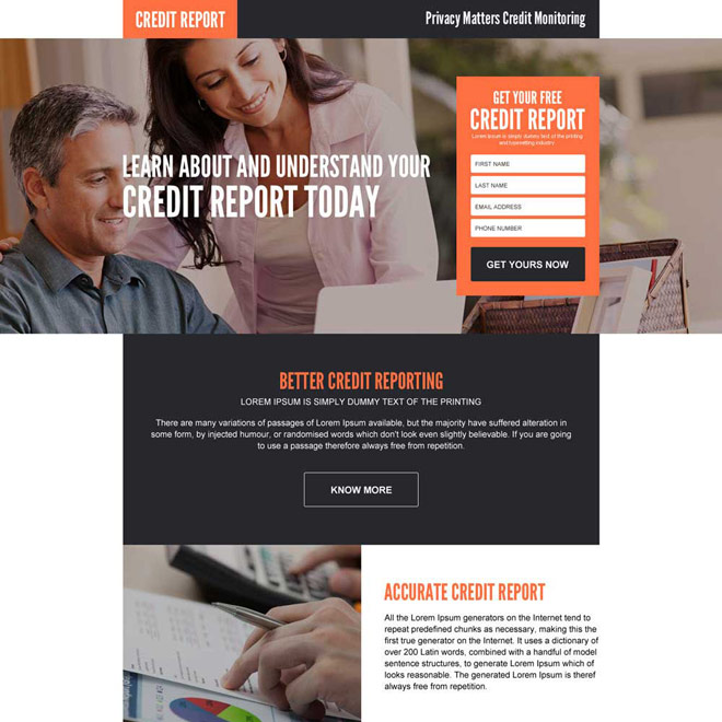 credit monitoring responsive landing page design Credit Report example