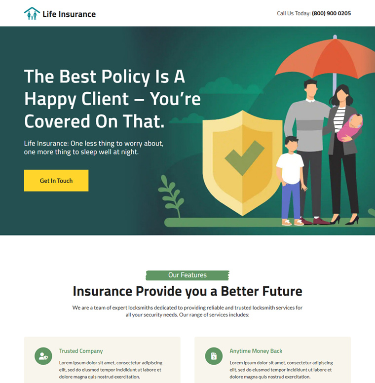 professional life insurance company landing page design
