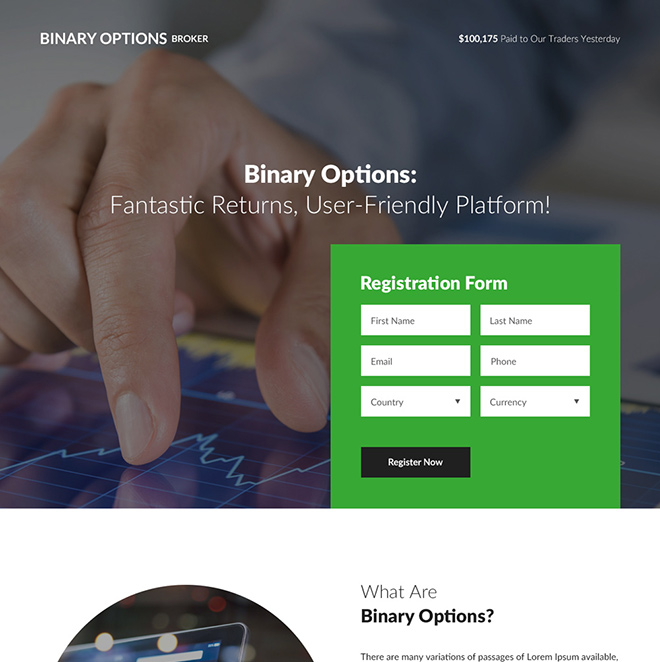 binary options broker responsive landing page design Forex Trading example