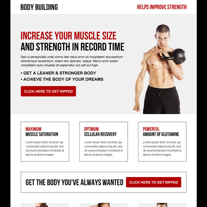 increase your muscle size and strength in record time responsive body building landing page