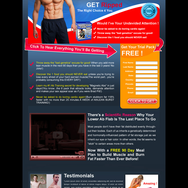 body building product trial pack landing page design for sale