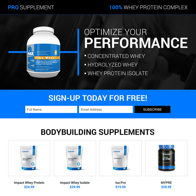 responsive body building pro supplements landing page