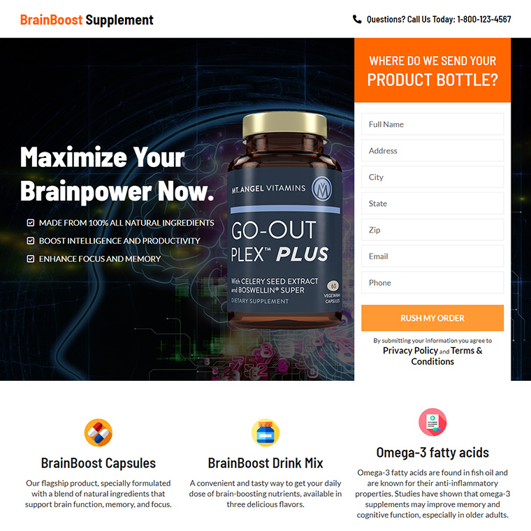 Brain booster supplements responsive landing page Health and Fitness example