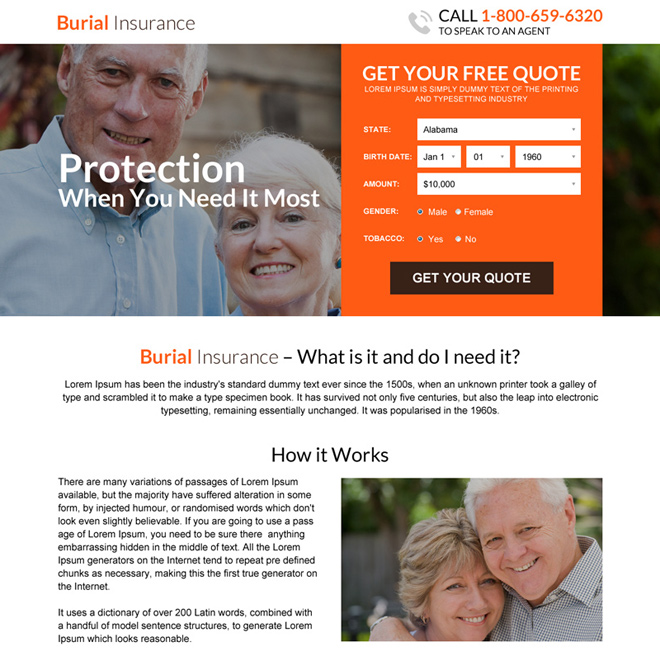 responsive burial insurance free quote lead capturing landing page Burial Insurance example