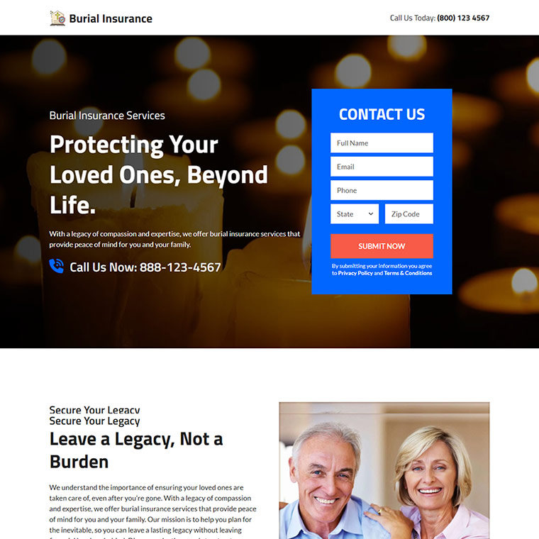 professional burial insurance plans landing page