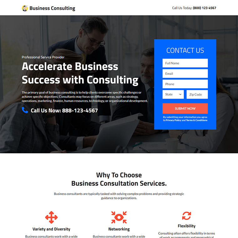 business consulting landing page design