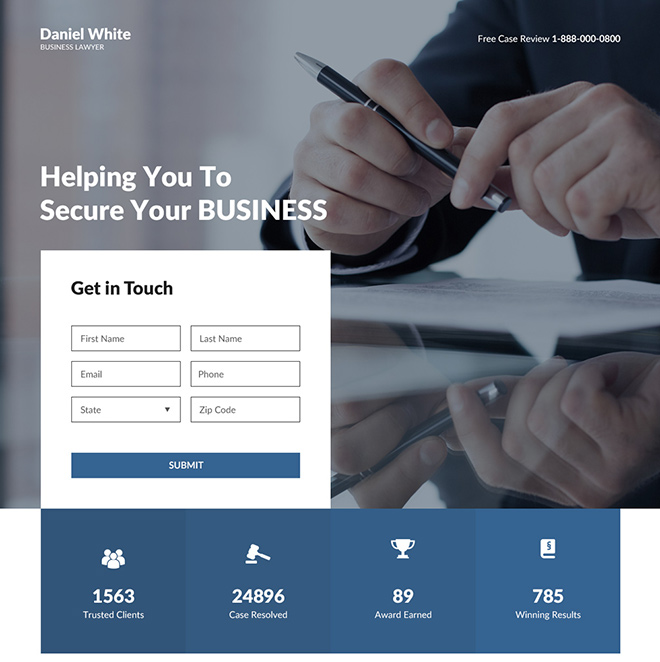 business lawyer lead capture responsive landing page design Attorney and Law example