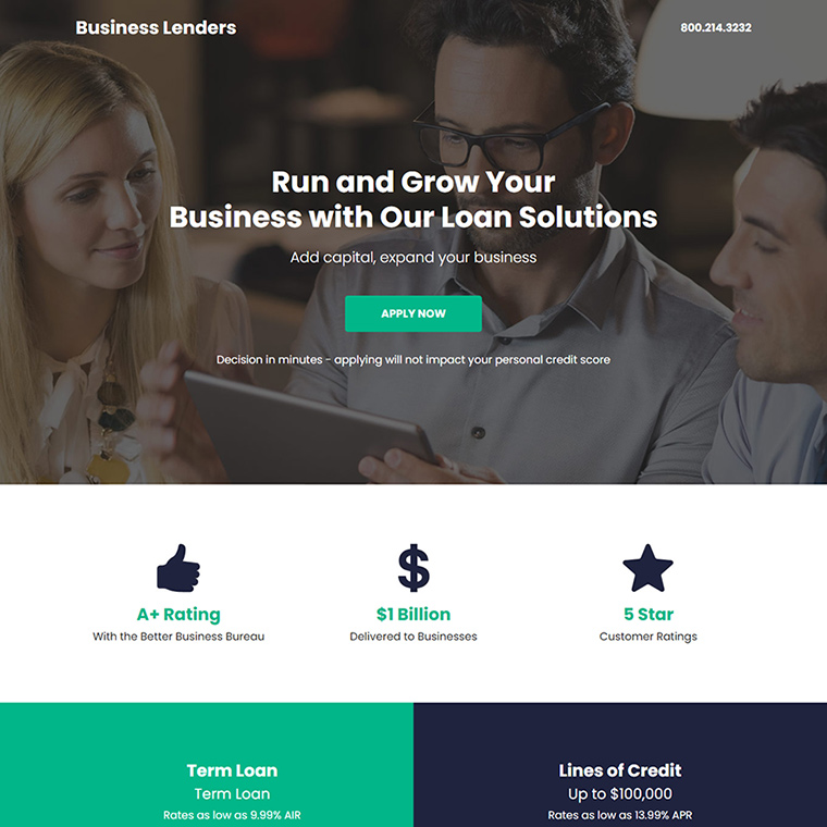 business lenders lead capture responsive landing page design Business Loan example