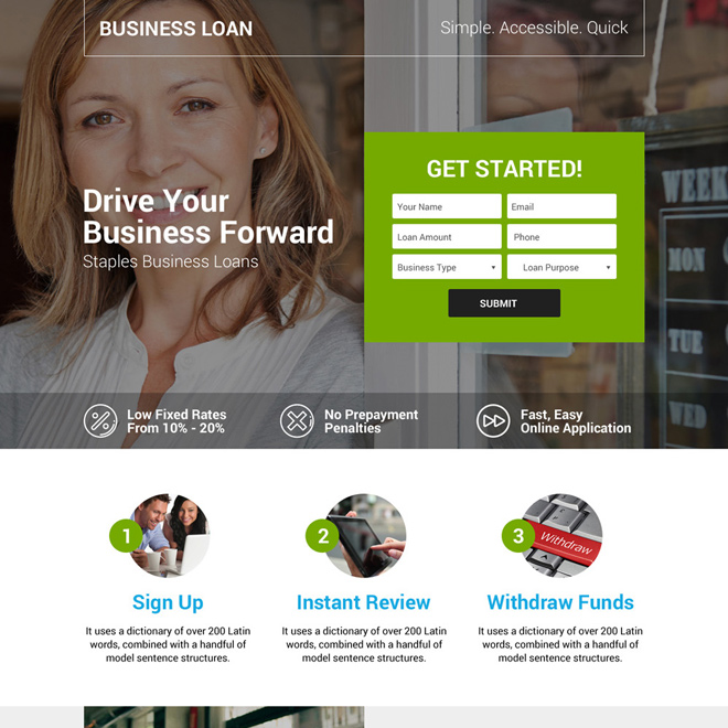 small business owners loan landing page design