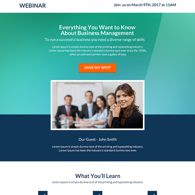 business management webinar responsive landing page