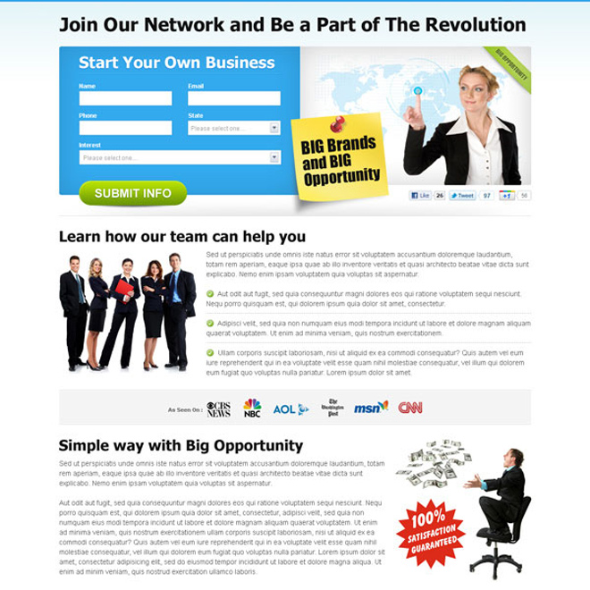 big brands and big opportunity effective and converting clean business opportunity landing page design Business example