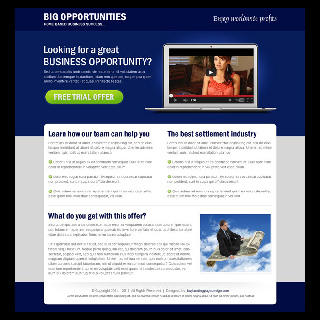 big business opportunity video trial offer landing page design